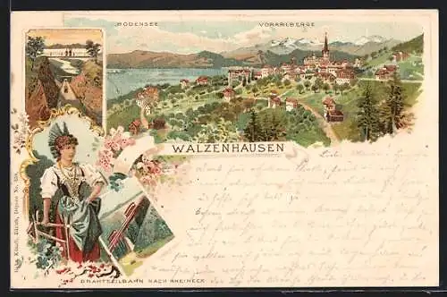 Lithographie Walzenhausen, Drahtseilbahn nach Rheineck, Frau in Tracht, Ortsansicht mit Bodensee und den Vorarlbergen