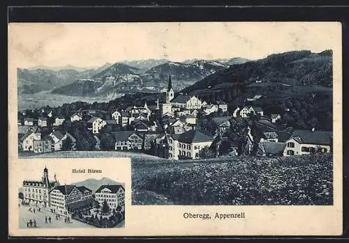 AK Oberegg, Das Hotel Bären, Ortsansicht gegen die Berge