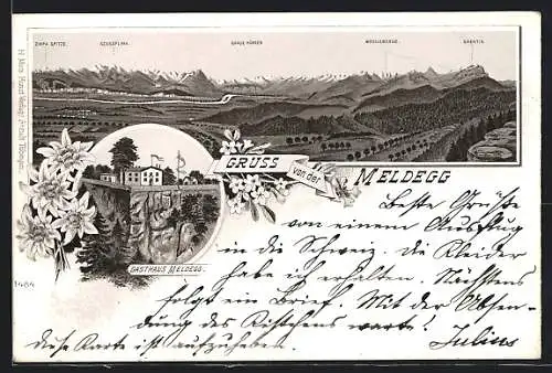 Lithographie Meldegg, Gasthaus, Zimpa Spitze, Graue Hörner