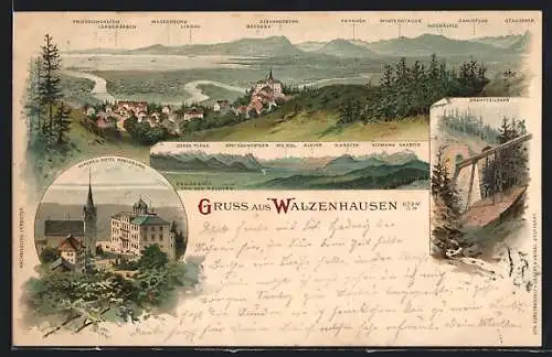 Lithographie Walzenhausen, Blick auf den Ort, Drahtseilbahn, Hotel Rheinburg