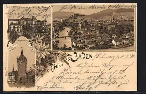 Lithographie Baden, Ortsansicht mit Flusss und Brücke, Kurhaus