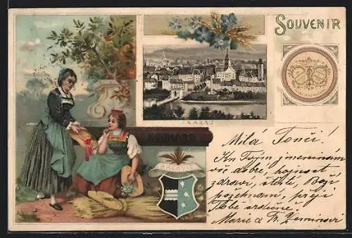 Lithographie Aarau, Kakao Suchard, Panorama, Damen in Tracht, Wappen