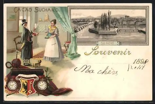 Lithographie Geneve-Genf, Ortspartie von oben, Wappen, Taschenuhr, Reklame für Cacao Suchard