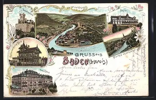 Lithographie Baden, Grand Hotel, Restaurant Chatet Berna, Casino