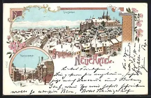 Winter-Lithographie Neuchatel, Place du Marché, Teilansicht mit Schloss