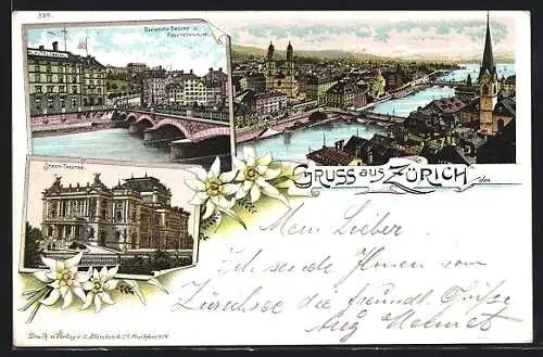Lithographie Zürich, Bahnhofs-Brücke, Stadt-Theater, Polytechnikum