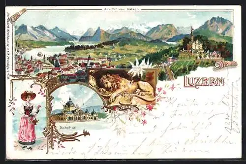 Lithographie Luzern, Ortsansicht vom Gütsch mit Alpenpanorama, Bahnhof, Frau in Tracht