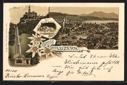 Lithographie Luzern, Löwendenkmal, Gütsch mit Bergbahn, 1894