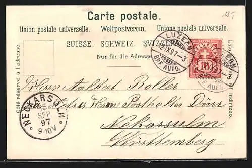 Lithographie Luzern, Löwendenkmal, Gütsch mit Bergbahn, 1894