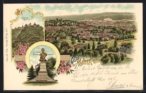 Lithographie Winterthur, Schloss Kyburg, Dr. Jonas Fürrer-Denkmal, Ortsansicht