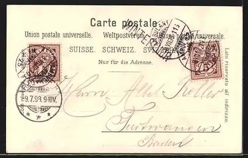 Lithographie Winterthur, Schloss Kyburg, Dr. Jonas Fürrer-Denkmal, Ortsansicht