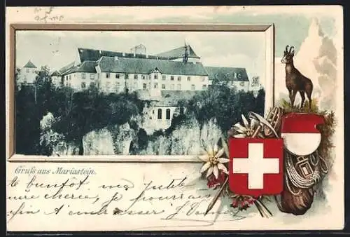 AK Mariastein, Blick auf das Kloster, geprägtes Passepartout mit Schweizer Wappen und Gämse