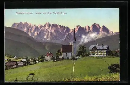 AK Gosau, Teilansicht mit Kirche und dem Stuhlgebirge