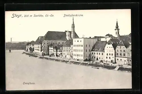 AK Steyr /Ob.-Oe., Ortsansicht mit Stadtpfarrkirche am Ennsfluss
