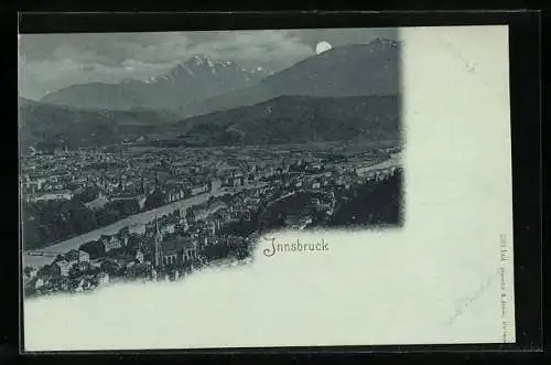 Mondschein-AK Innsbruck, Gesamtansicht gegen die Berge