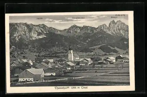 AK Tannheim, Ortsansicht aus der Vogelschau mit Bergpanorama