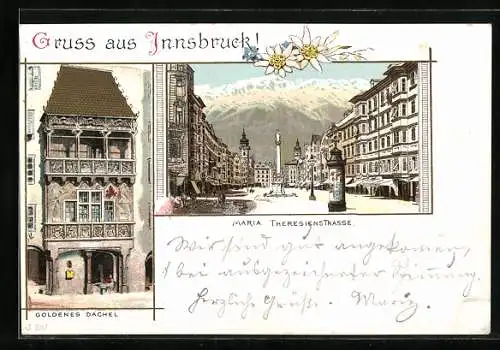 Lithographie Innsbruck, Prunkerker Goldenes Dachel, Maria Theresienstrasse mit Denkmal