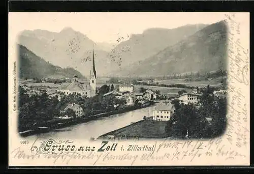 AK Zell i. Zillerthal, Ortsansicht mit der Kirche am Fluss
