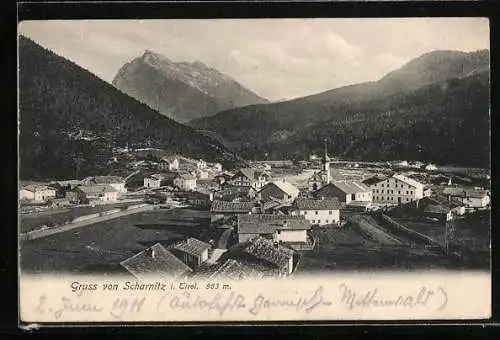 AK Scharnitz, Ortsansicht vor Bergpanorama