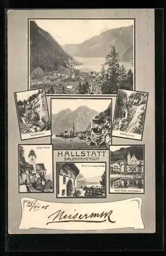 AK Hallstatt, Waldbachstrub, Hotel Kainz, Kath. Kirche, Ortspanorama
