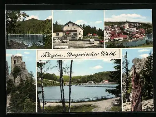 AK Regen /Bayerischer Wald, Hotel Seerose, Burgruine, Seepartie, Ortsansicht