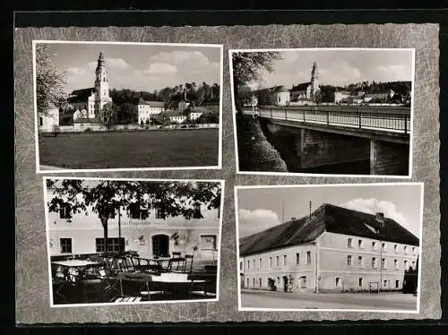 AK Aldersbach /Ndb., Gasthof und Metzgerei Peter Mayerhofer, Ortsansicht mit der Kirche