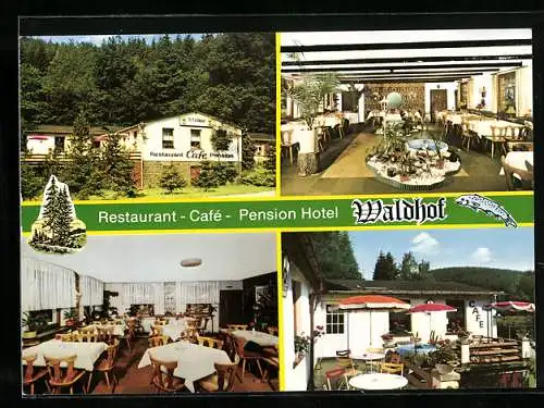 AK Gummersbach, Restaurant-Café-Pension Waldhof mit Speisezimmern und Terrasse