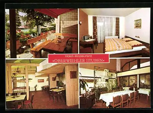 AK Wiehl /Oberbergisches Land, Das Hotel-Restaurant Oberwiehler Stuben, Innenansichten und Terrasse