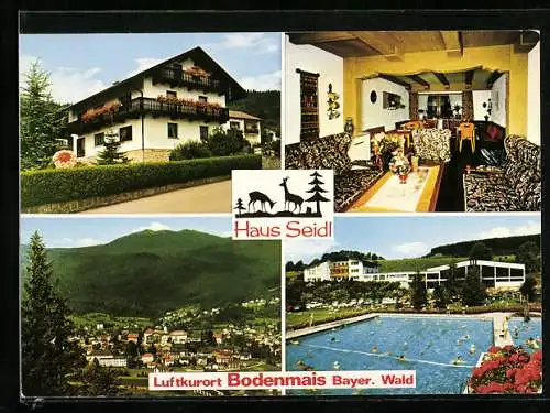 AK Bodenmais /Bayer. Wald, Die Pension Haus Seidl mit Innenansicht, Rechensöldenweg 7, das Freibad