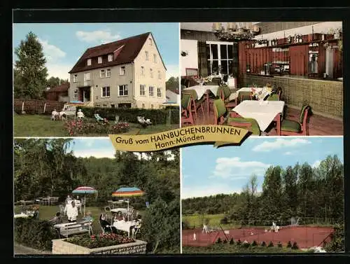 AK Hann. Münden, Hotel-Pension Hainbuchenbrunnen, Speisezimmer, Gartenbereich, Tennisplätze