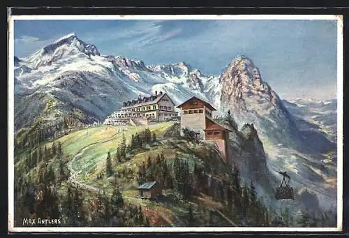 Künstler-AK Garmisch-Partenkirchen, Das Kreuzeckhaus mit Alpspitze, Zugspitze und Waxenstein