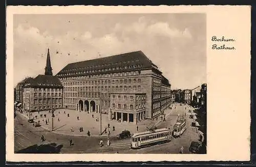 AK Bochum, Strassenbahn am Rathaus