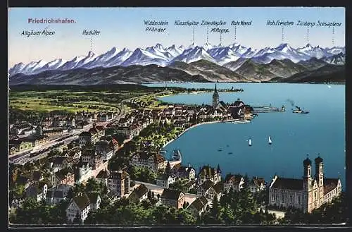 AK Friedrichshafen, Ortsansicht mit Alpen u. Bodensee
