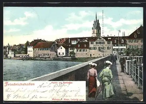 AK Friedrichshafen, Partie am Seehafen mit Colonialwaren Arthur Fehl