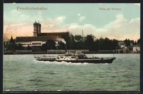 AK Friedrichshafen, Dampfer Friedrichshafen auf dem Bodensee, Blick zum Schloss
