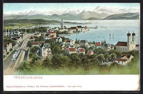 AK Friedrichshafen, Gesamtansicht mit der Kirche und Blick auf den Bodensee