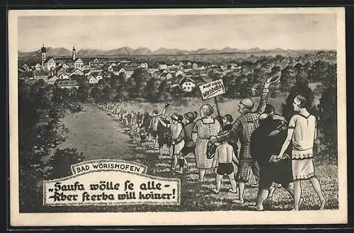 Künstler-AK Bad Wörishofen, Menschenmenge zieht in die Stadt