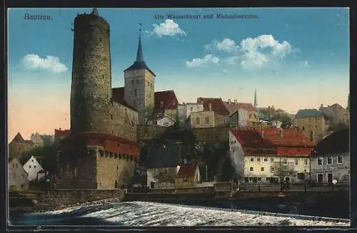 AK Bautzen, Ansicht an der alten Wasserkunst mit Michaeliskirche