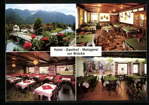 AK Eschenlohe b. Garmisch, Hotel-Gasthof-Metzgerei Zur Brücke, mit Innenansichten, Inh. Familie Reiter