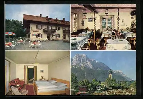 AK Grainau, Café-Restaurant-Pension Edelweiss, Waxensteinstr. 23, Innenansichten und Terrasse, Bergpanorama