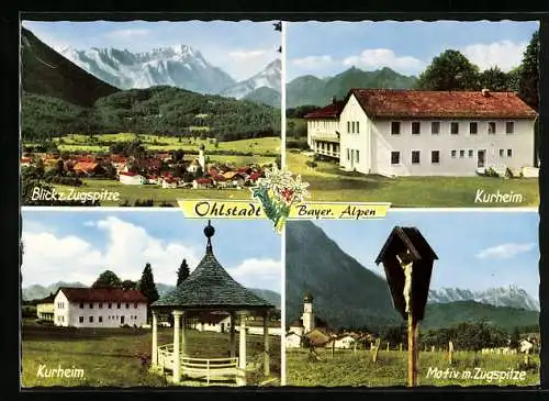 AK Ohlstadt /Bayer. Alpen, Das Kurheim, Wegkreuz, Gesamtansicht im Bergidyll