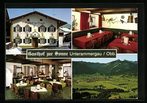 AK Unterammergau /Obb., Der Gasthof zur Sonne mit Innenansichten, Dorfplatz 4, Gesamtansicht