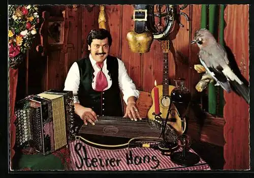 AK Krün /Bayerische Alpen, Der Zither-Alleinunterhalter Steirer Hans im Gasthaus Steirer Weinstube