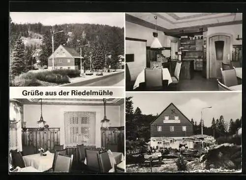 AK Bärenburg /Dippoldiswalde, Die HO-Gaststätte Riedelmühle mit Innen- und Gartenansichten
