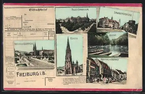 AK Freiburg i. Br., Ansicht auf Münster, Marktplatz, Schwabentorbrücke und das neuen Gymnasium