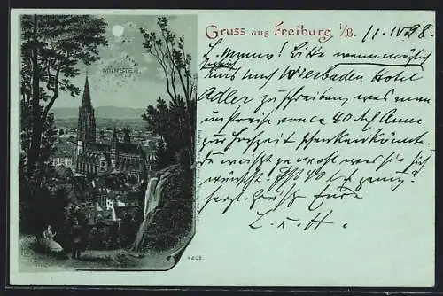 Mondschein-Lithographie Freiburg i. B., Das Münster vom Berg aus, Ehepaar beim Ausflug