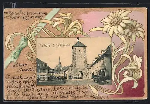 AK Freiburg i. B., Blick zum Schwabenthor, im geprägten Jugendstil-Passepartout