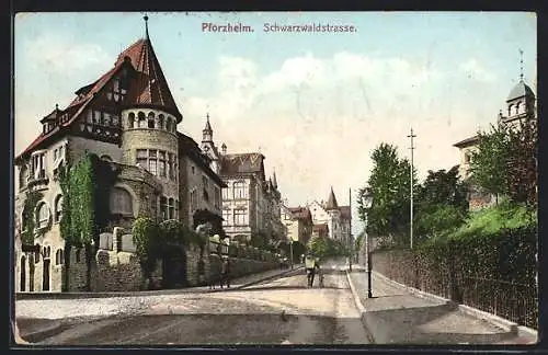 Lithographie Pforzheim, Schwarzwaldstrasse mit Passanten