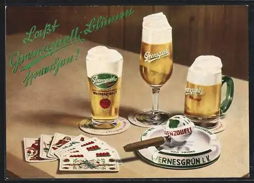 AK Brauerei-Werbung für Grenzquell, Lasst Grenzquell-Blumen sprechen, Stillleben mit Bier, Spielkarten und Zigarre