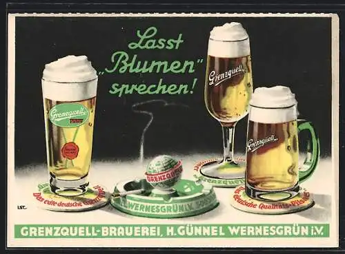 Künstler-AK Grenzquell-Brauerei Wernesgrün Werbung, Biergläser mit Schaumkrone, Aschenbecher mit Zigarette